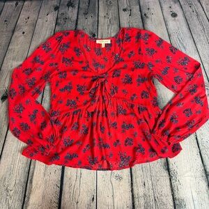 Kingston Grey Vibrant Red Floral Peplum Top w/ Bow Accent Cottagecore Sz Medium